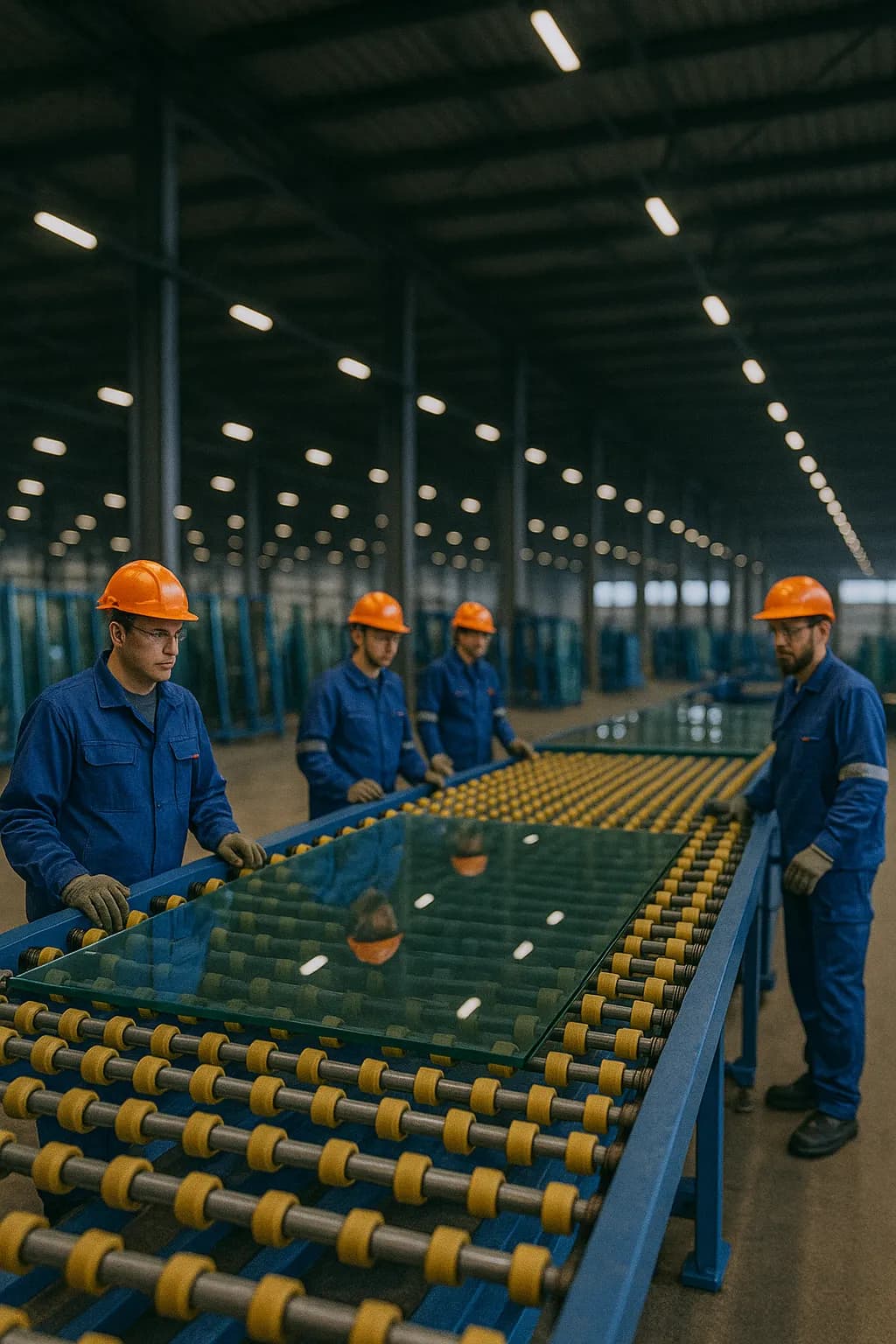 유리 생산 라인과 작업자들